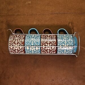 NEW 4 Ceramic Coffee/Tea Mugs with Stand, Turquoise & Brown